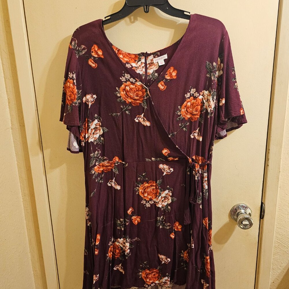 Faux wrap maroon floral dress